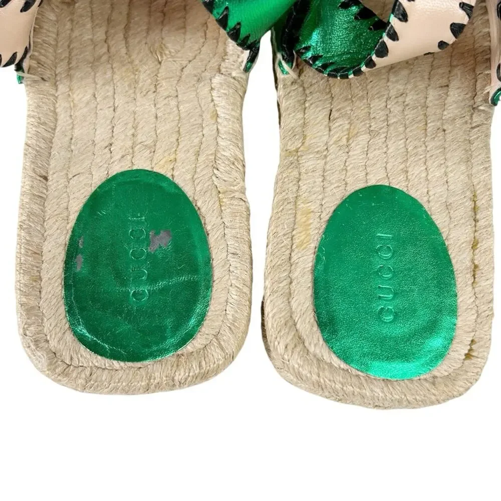 GUCCI Pilar Embroidered Double G Slingback Metallic Green Espadrille Sandals - Picture 10 of 11